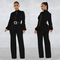 X6345   fashion women's belted lace hollow-out solid color long sleeve jumpsuit