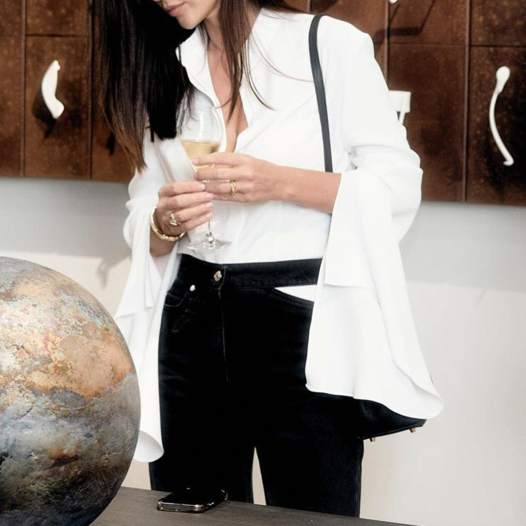 European and American  2025 spring temperament simple casual horn long sleeve white loose elegant shirt cardigan top