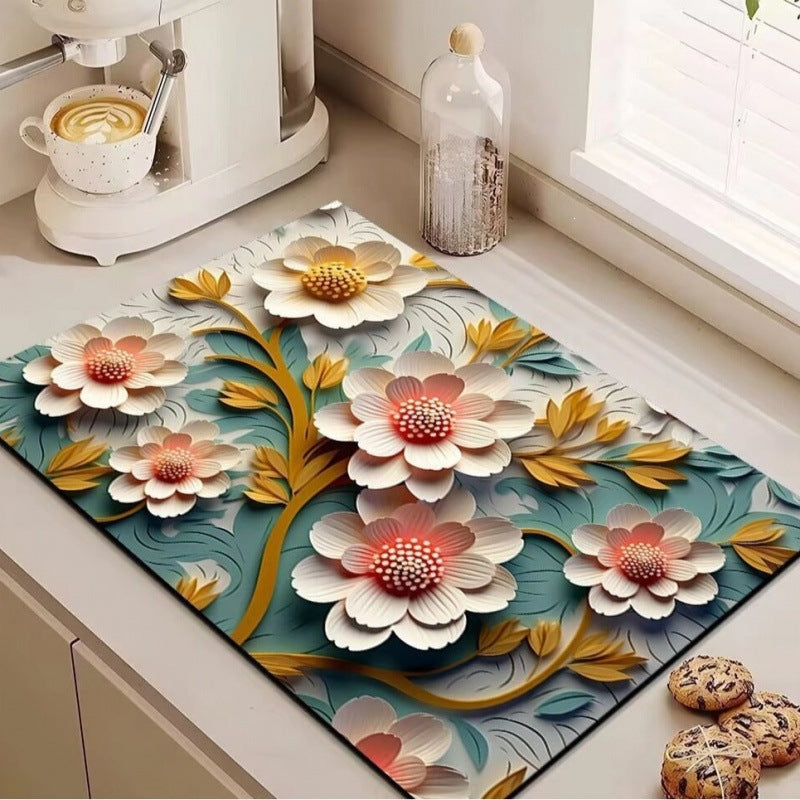 3d floral kitchen draining mat, absorbent mat, household diatomite non-slip mat, dish drying mat, heat-resistant oven mitt placemat