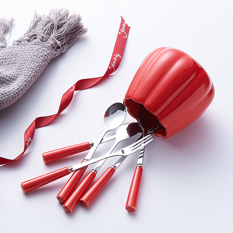 Stainless steel fruit fork and spoon ceramic storage jar set - emerald fruit forks, home use mooncake knife, fork, and spoon - customizable