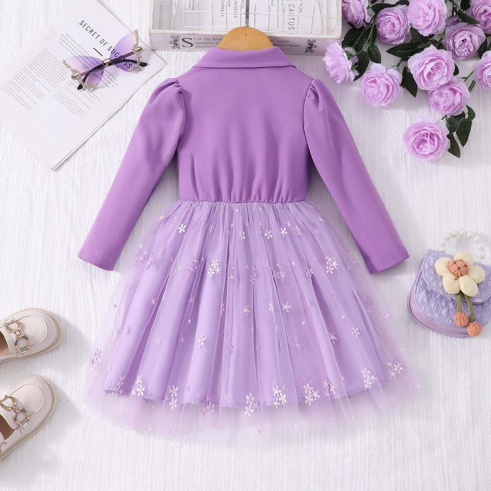 Girls' dress for toddlers and young children, collared button-down mesh long-sleeve dress