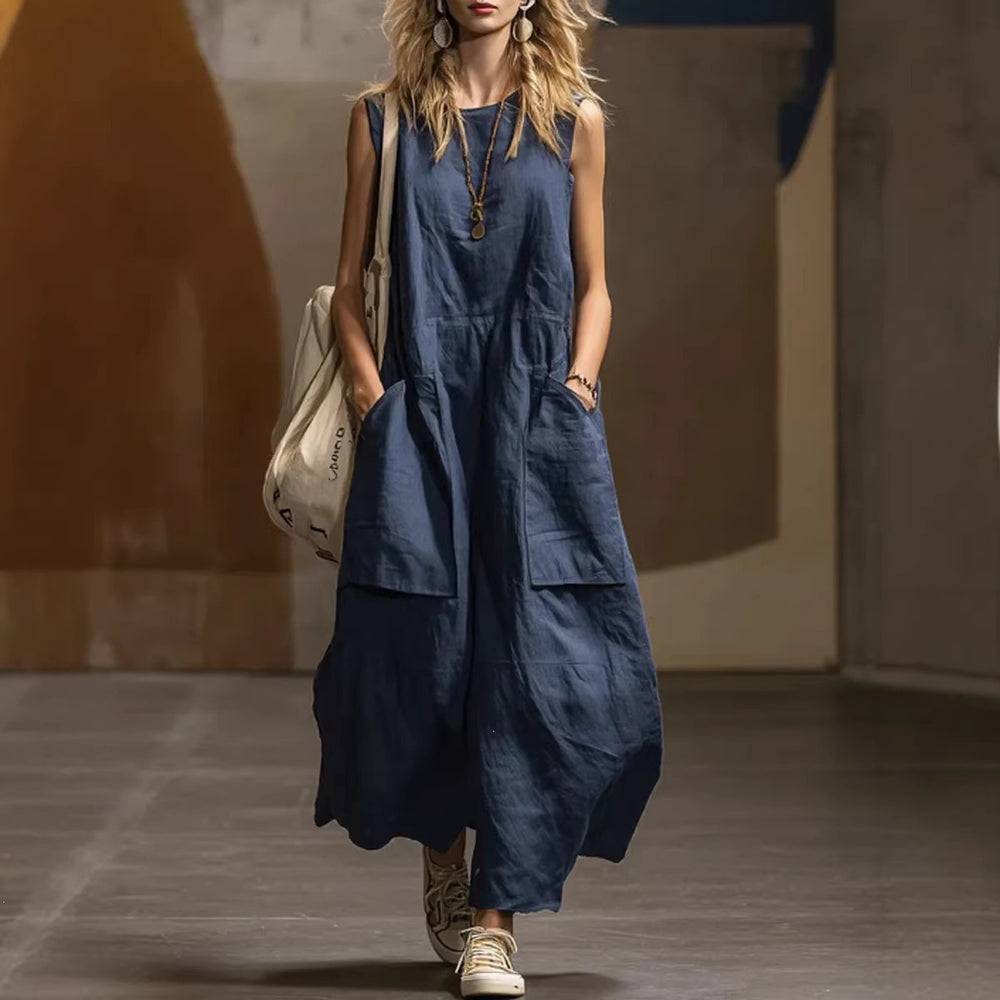 european and american cross-border  independent station spring and summer women's loose casual sleeveless pocket cotton and linen dress