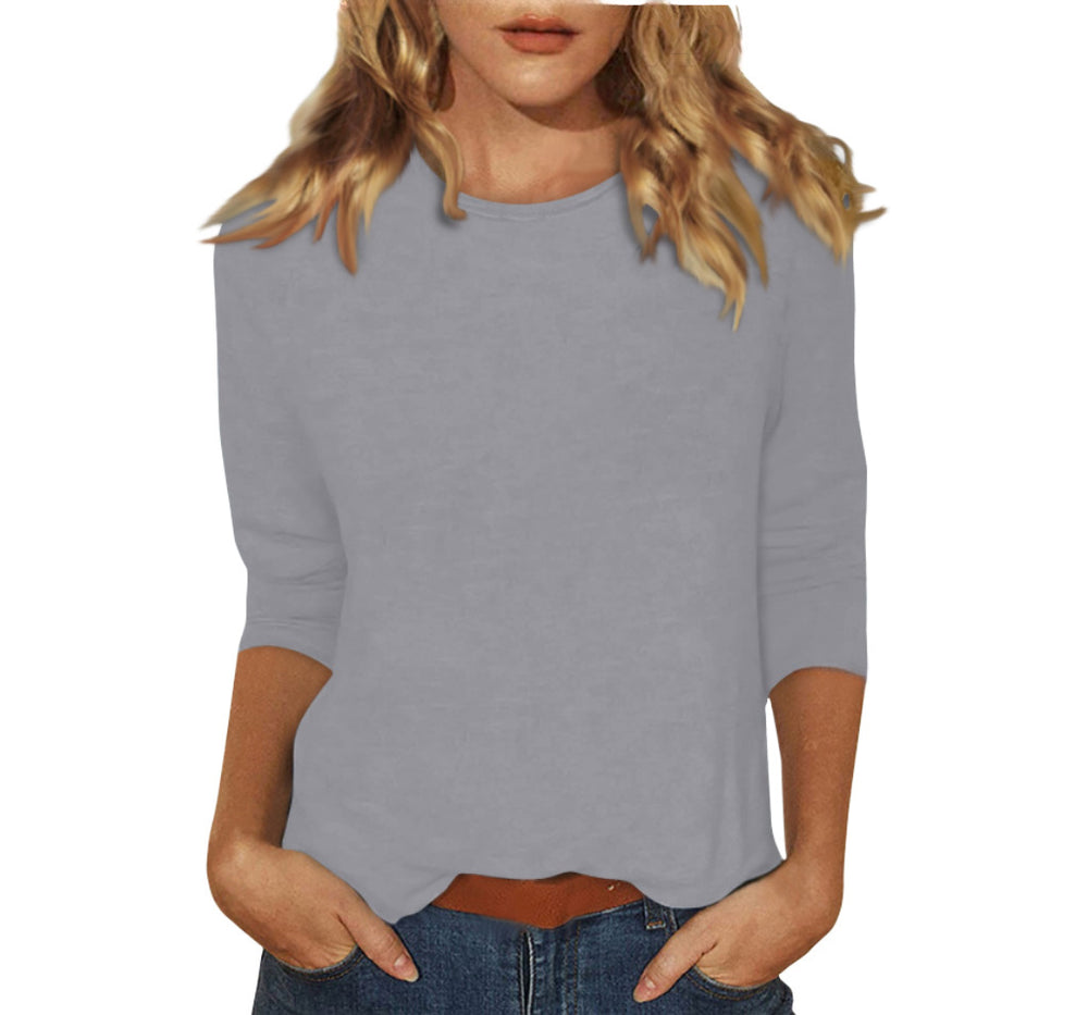 new women's crew neck t-shirt with 3/4 sleeves - solid color top for cross-border  sales