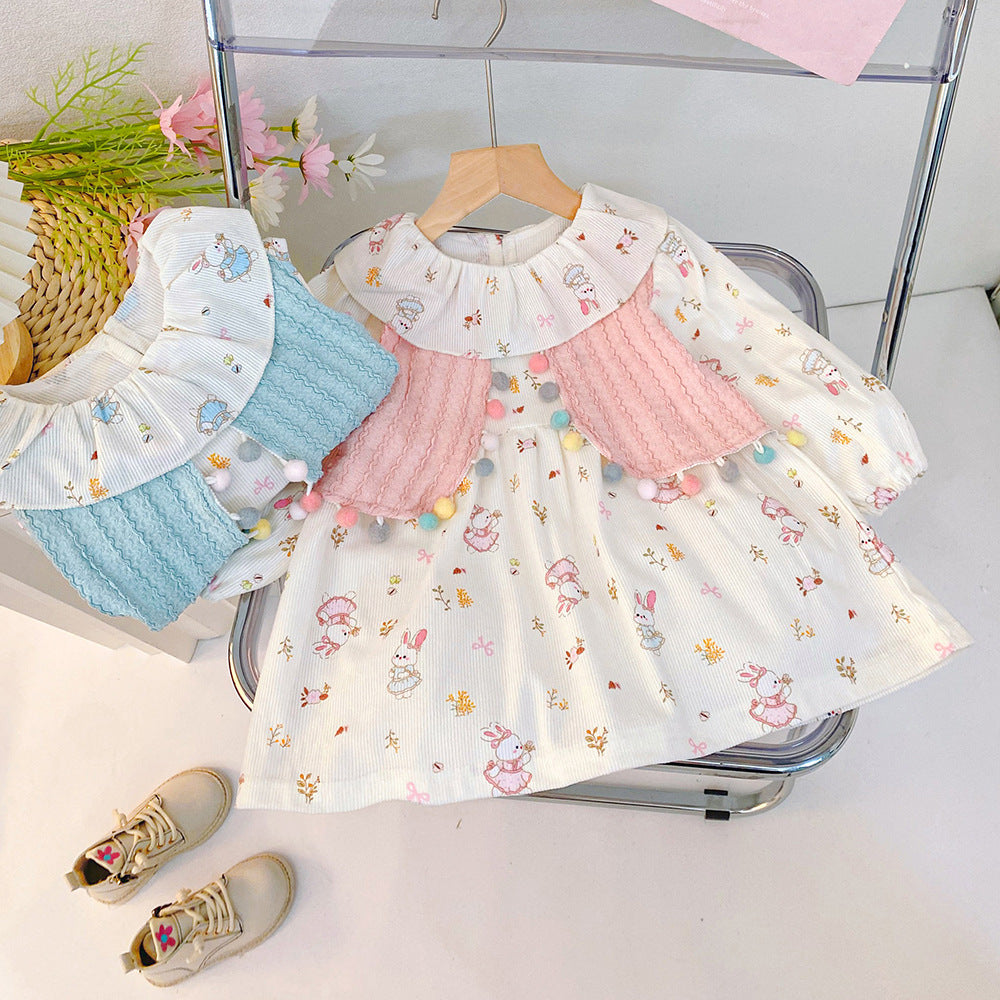 Sweet girls' dress: new autumn  collection - trendy cartoon graffiti faux two-piece dress, korean style fashion