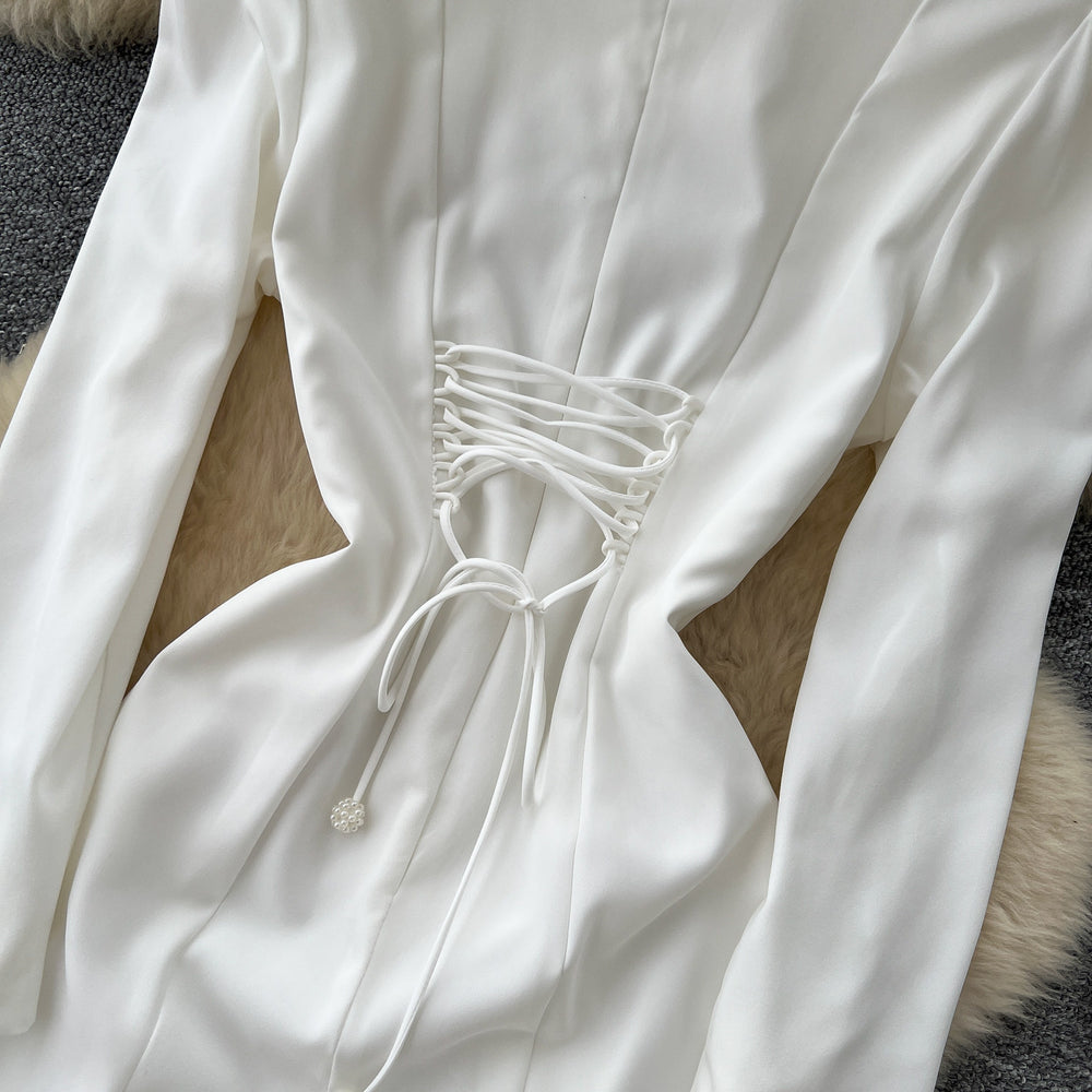 Luxury chic white lantern sleeve stand collar dress - women's  autumn embroidered slim-fit workwear maxi dress