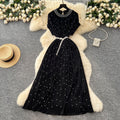 summer women's niche high-end beaded round neck short sleeve tie-waist pleated dress