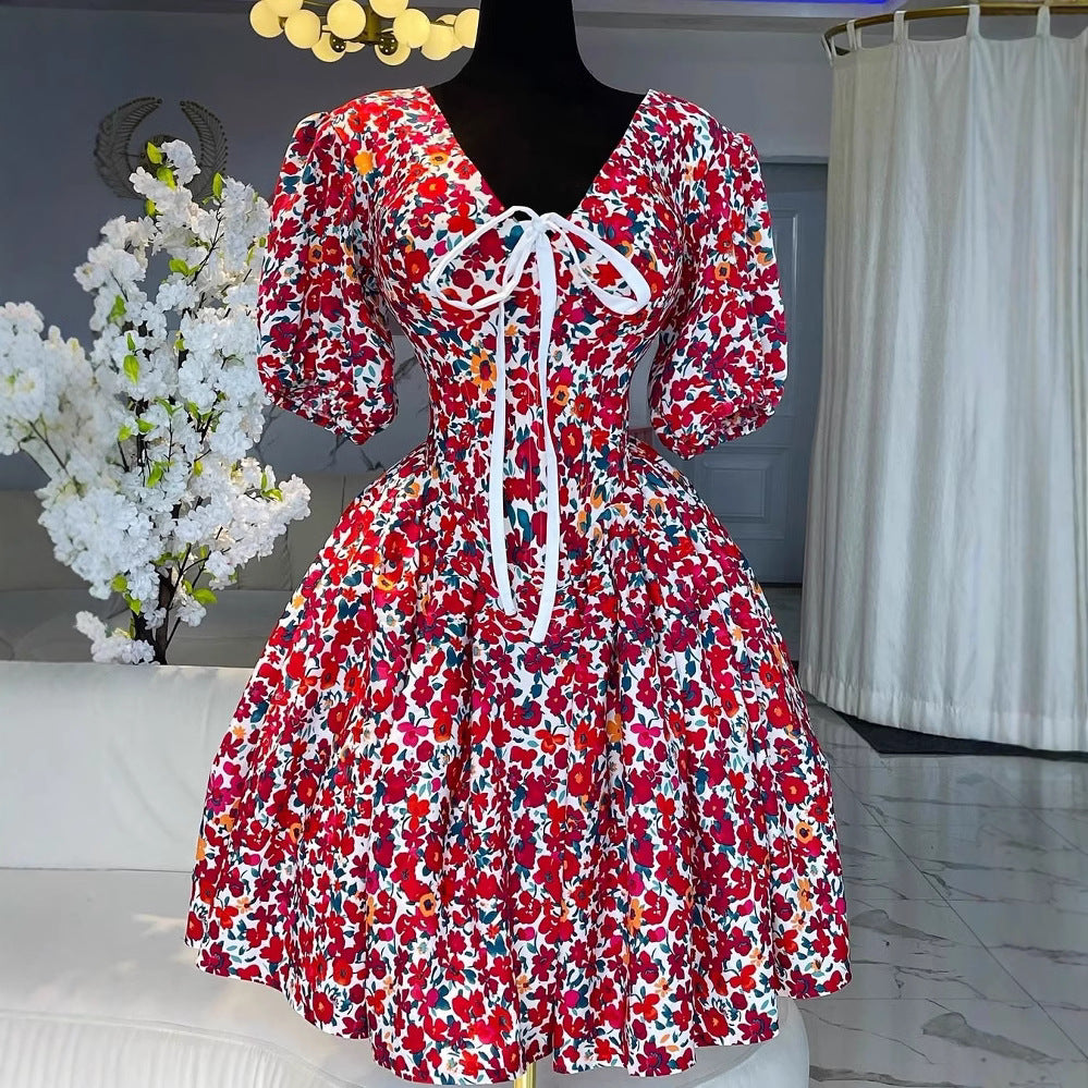 Aliexpress, us & european  hot seller: floral print v-neck casual t-shirt with puff short sleeves, knitted women's top