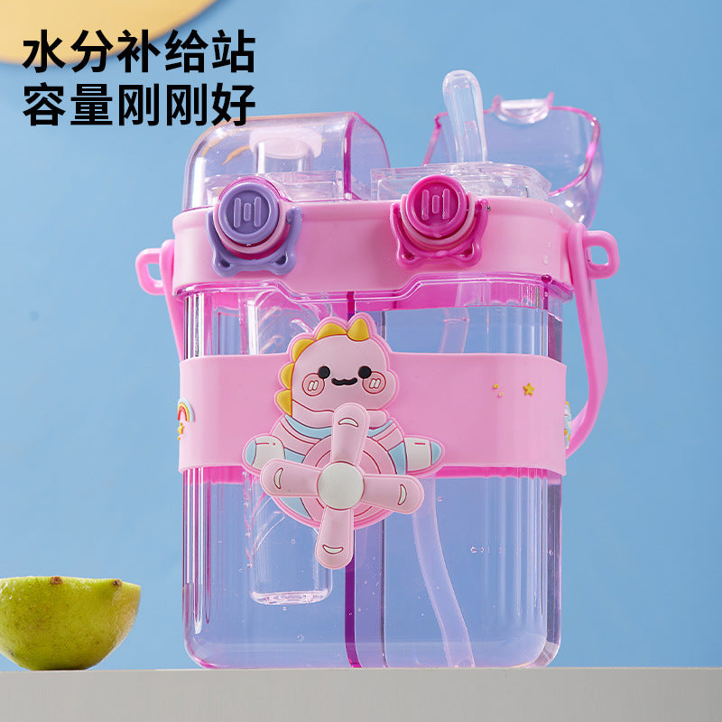 New creative cartoon fan kids double drinking cup straw cup portable sports water bottle large capacity school special