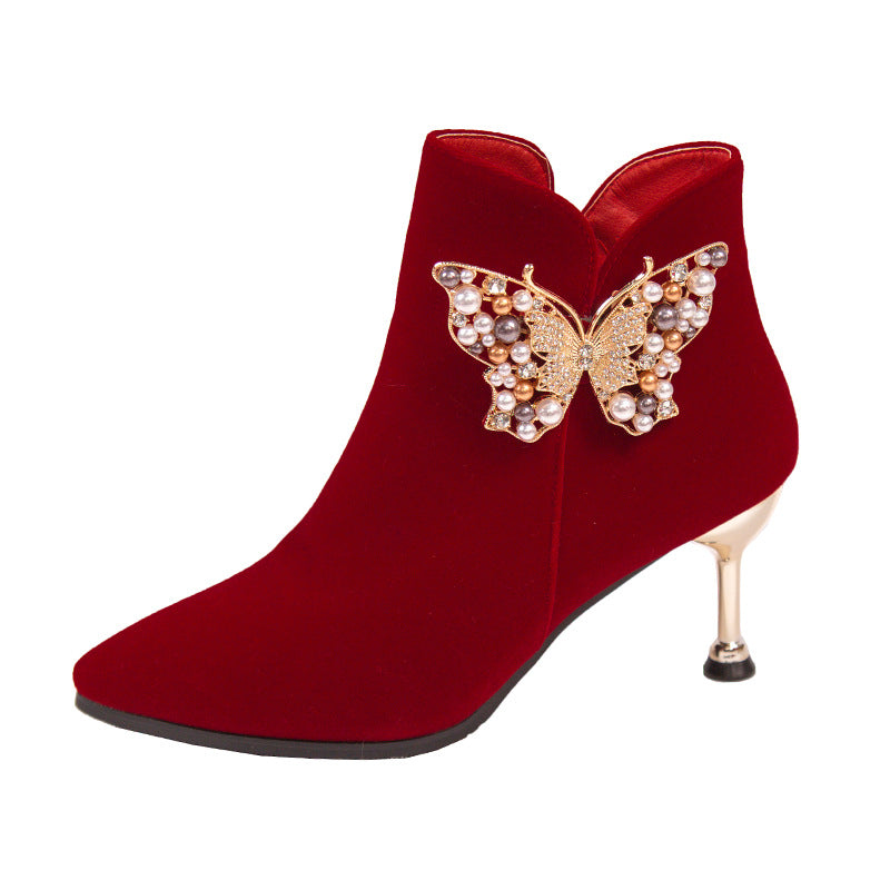 2024fall and winteroutwearfashionboots women's pointed toe thin heel xiuhu red bridal shoes pearl suede short boots