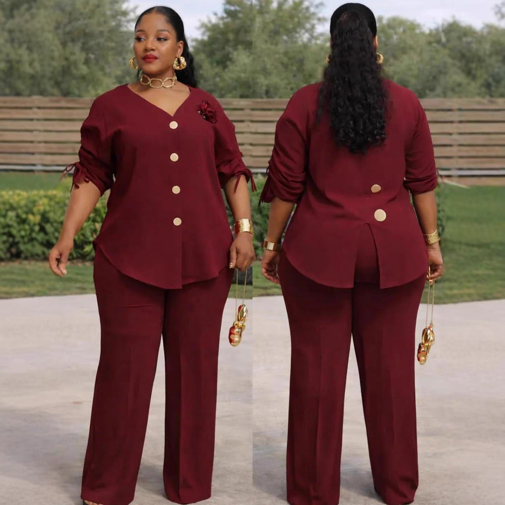 European and american cross-border african women's clothing  spring new fashion v-neck solid color long sleeve top and high-waisted pants set