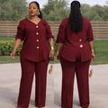 European and american cross-border african women's clothing  spring new fashion v-neck solid color long sleeve top and high-waisted pants set