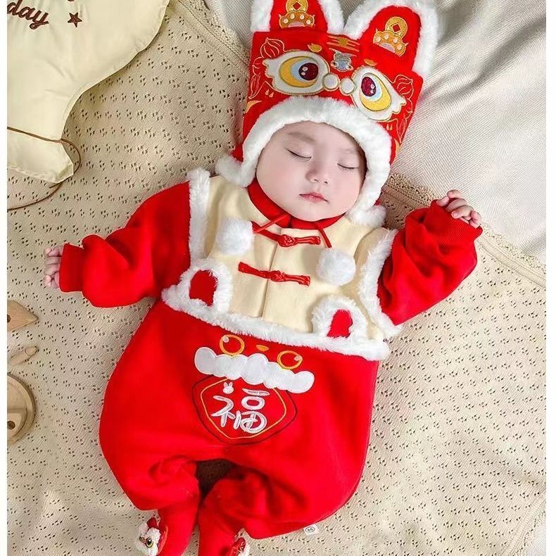 Baby onesie fall and winter clothing for men and women, baby new year's greetings, 100-day-old first-year catching-week dress, fleece-lined romper, chinese style