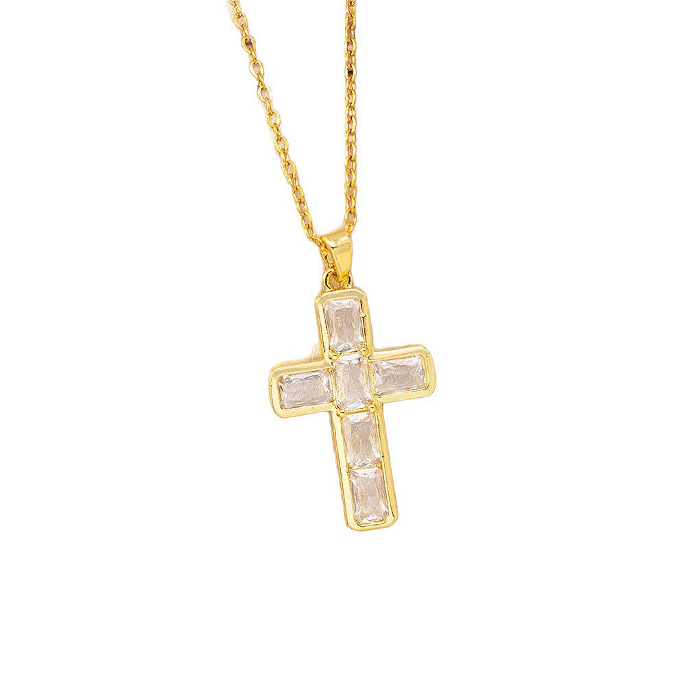 [titanium steel] fashion popular copper inlaid zirconium cross necklace high-end accessible luxury fashion stylish clavicle chain jewelry