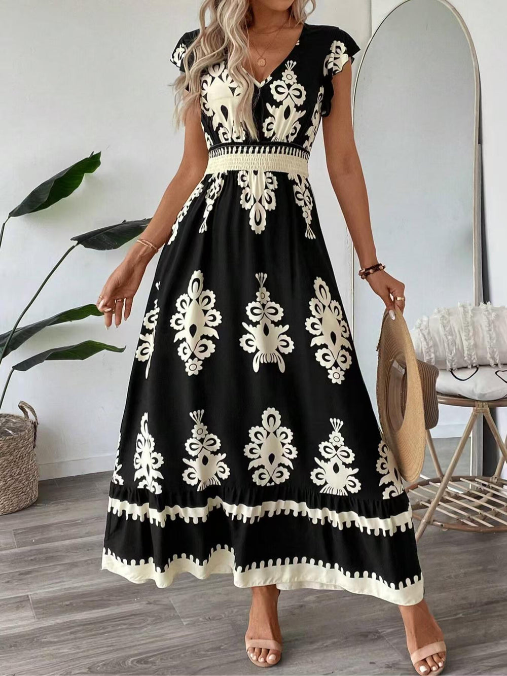 2025 new european and american amazon aliexpress summer fashion printed v-neck waist-defining long dress for women