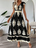 2025 new european and american amazon aliexpress summer fashion printed v-neck waist-defining long dress for women