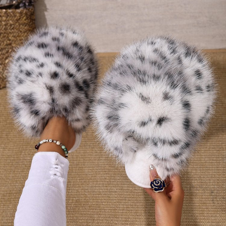 new arrival leopard print long hair toe-warm cotton slippers women's export fluffy large size fur slippers in stock