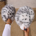 new arrival leopard print long hair toe-warm cotton slippers women's export fluffy large size fur slippers in stock