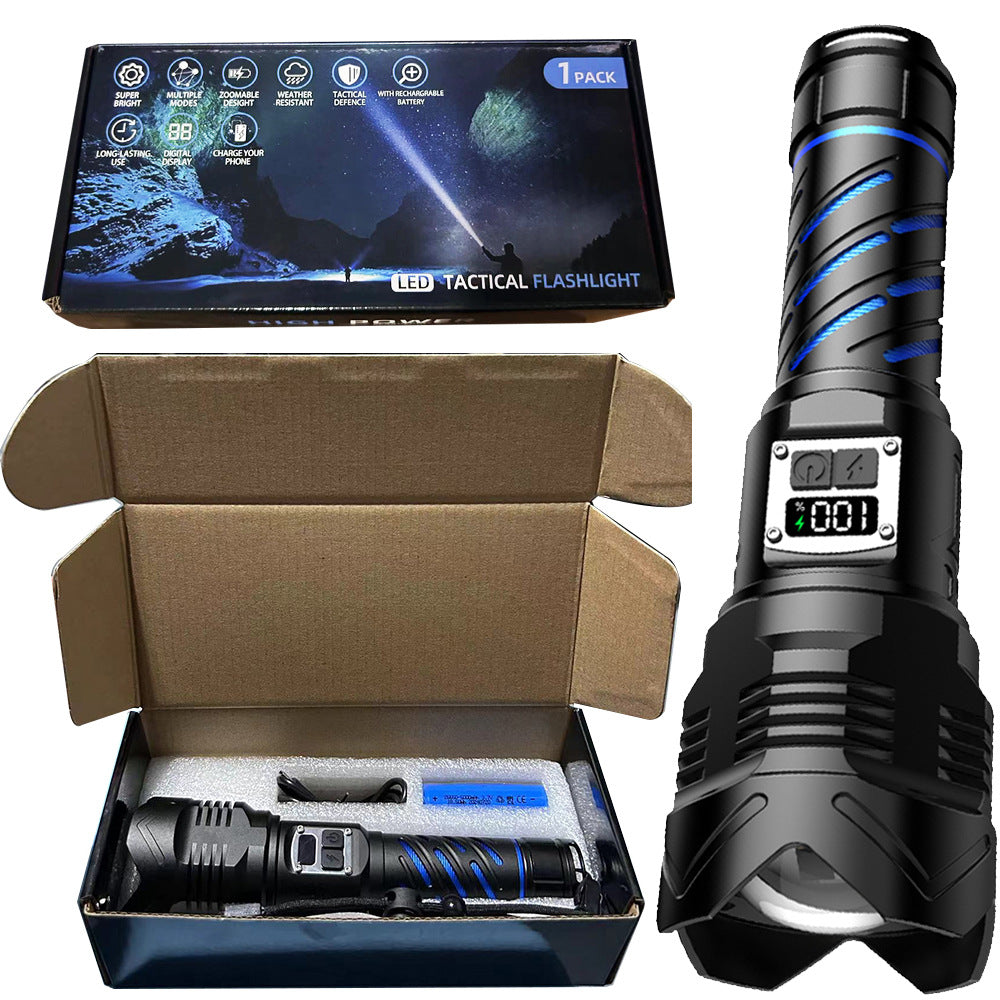 Cross-border new upgraded digital display strong light flashlight, charging super bright double open outdoor special telescopic flashlight