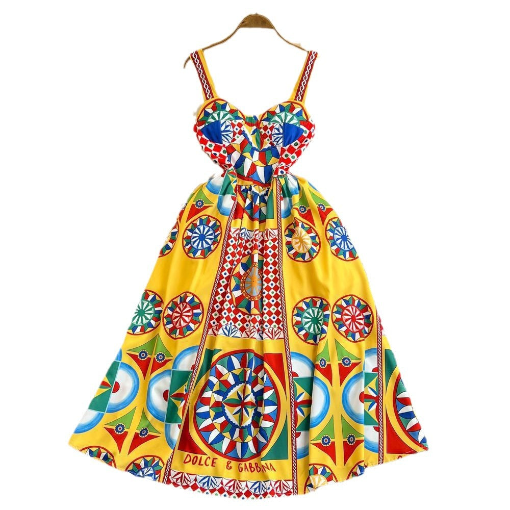 Retro palace baroquetube top suspender long skirt seaside vacation waist slimming look word fixed slotprintingdress