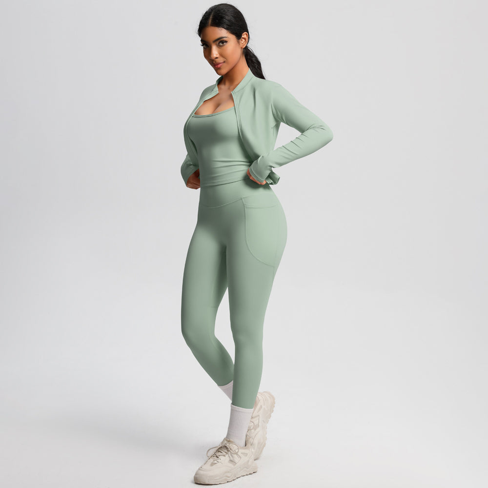 European and american outdoor casual tight-fit pocket yoga outfit set - quick-dry, high-waisted, slimming, cloud-like comfort, three-piece activewear set