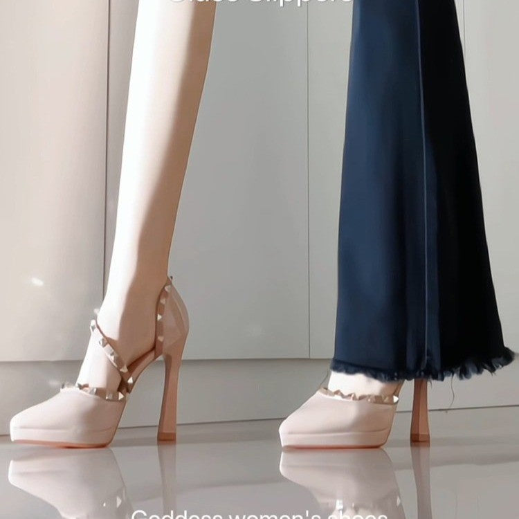 Nude waterproof platform rivets pointed toe thick heel high heels beautiful waterproof platform royal sister style easiest for match high heels