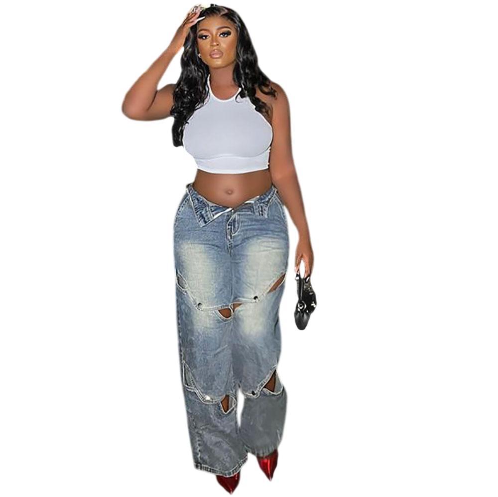 European and american casual women's jeans -  cross-border women's fashion street style washed button closure high-waisted pants