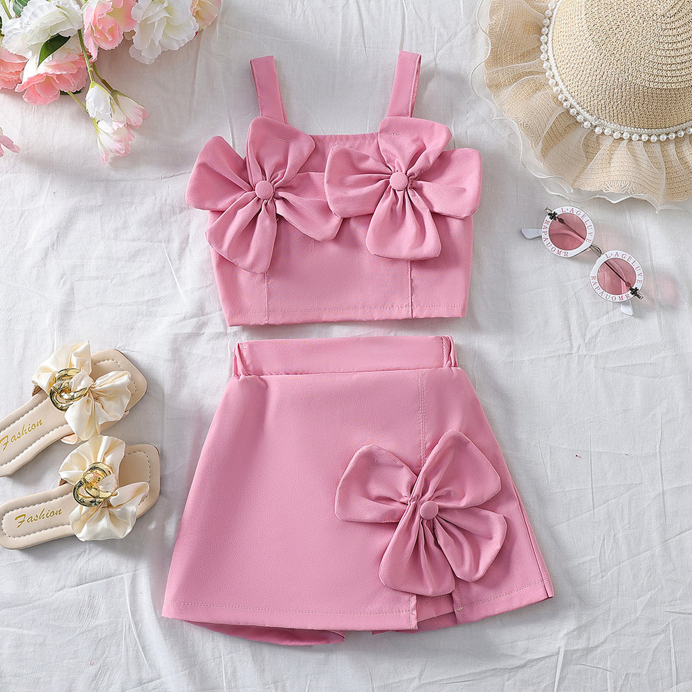 cross-border girls' fresh & sweet camisole with 3d floral appliqué + slit skort set - toddler outfit