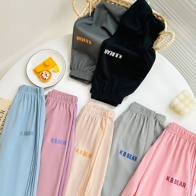 kids' summer lightweight joggers - solid color, side stripe, casual, unisex, anti-mosquito, home pants with elastic cuffs