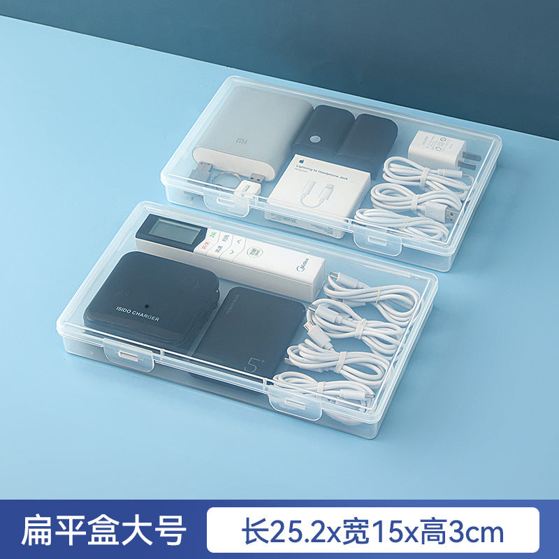 Desktop long rectangular storage box with lid grid transparent storage box flip plastic data cable storage box