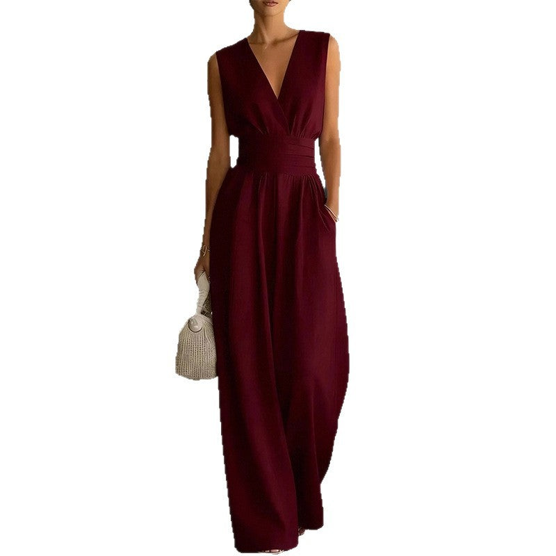 summer new women's clothing - cross-border  us & europe - fashionable casual solid color cinched waist sleeveless jumpsuit