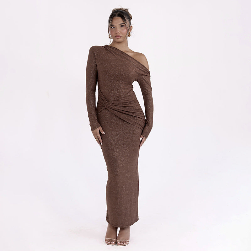 Fall and winternew arrivalfashion style cross-border women's clothing hot-selling fashionsexy shirred oblique shoulder long sleevesilm hip-hugging dress