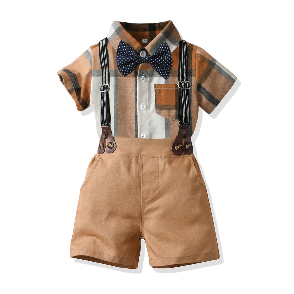 Boyssuitspringnew arrivalboysplaidlong sleevesshirtbaby boy british plaid one-year-old overallssuit