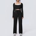Naked feel quick-drying tight-fitting yoga clothes fake two-piece with chest pad sports long sleeves drawstring wide-leg running fitness suit for women