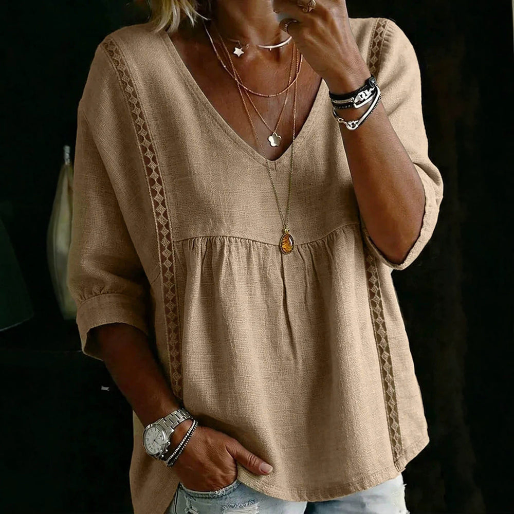 pastoral style linen doll tops side embroiderv neck three-quarter puff sleeves looseslimming lookshirt