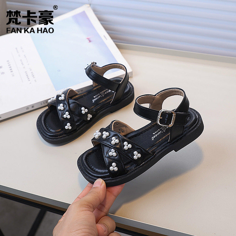 Vancahao girls' pearl & floral princess sandals -  summer new arrivals: stylish soft-soled beach sandals for kids