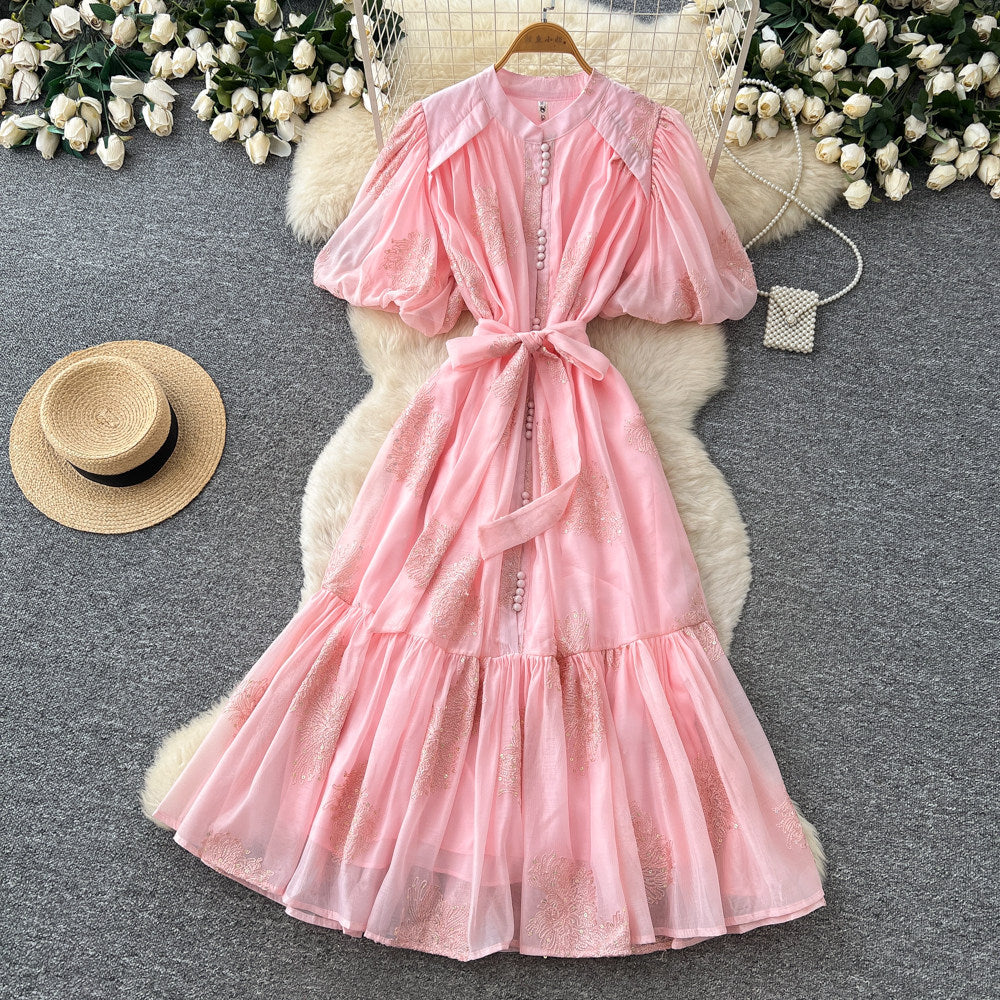 French romantic embroidered sequin puff sleeve dress - women's summer tie-waist slimming a-line elegant maxi dress