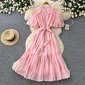 French romantic embroidered sequin puff sleeve dress - women's summer tie-waist slimming a-line elegant maxi dress