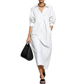 new european and american cross-border style: solid color, loose-fit, long-sleeve shirt collar pocket dress