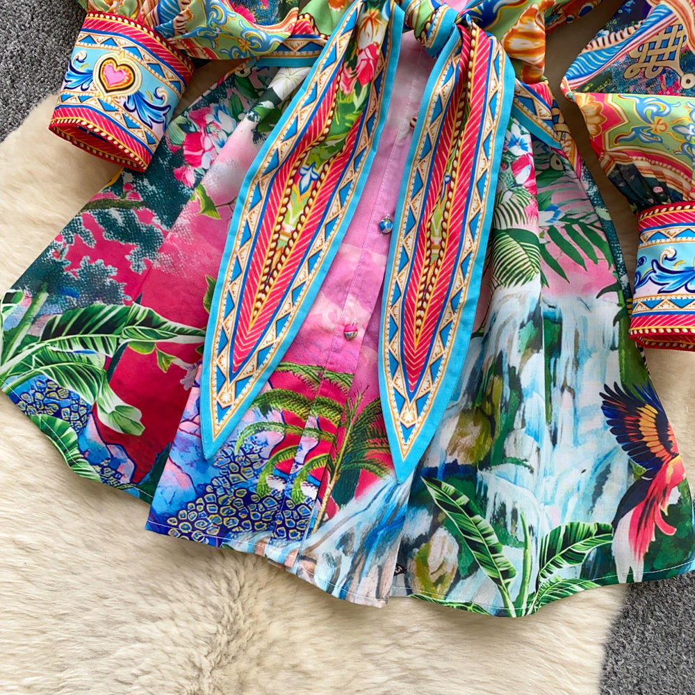 Bohemian print shirt collar tie-waist dress - women's summer korean style long sleeve a-line dress - vacation vibe