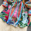 Bohemian print shirt collar tie-waist dress - women's summer korean style long sleeve a-line dress - vacation vibe