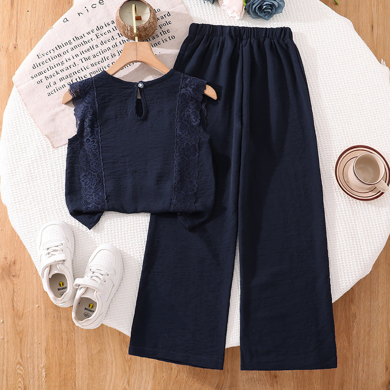 Girls' outfit: cross-border children's clothing,  spring/summer new collection, elegant lace trim patchwork tank top and wide-leg pants two-piece set