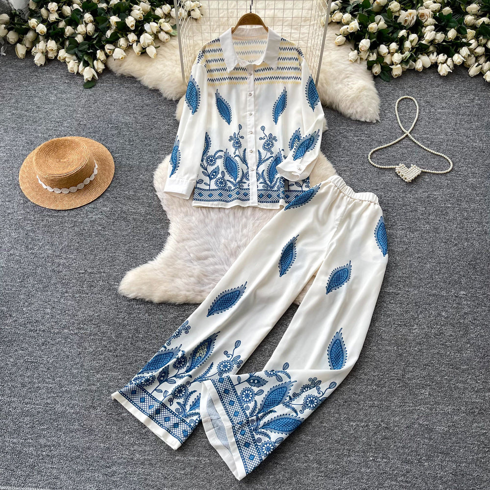 Export cross-border retroprintingfashiontwo-piece set women's polo collar long sleevesshirtloose pantselegantwork clothingsuit
