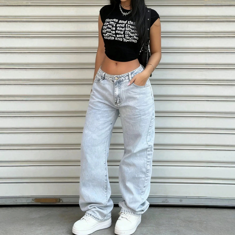 Fashionjeans women's low-waisted wide-leg washed american retro hot girl loosestraight-legmop denim pants