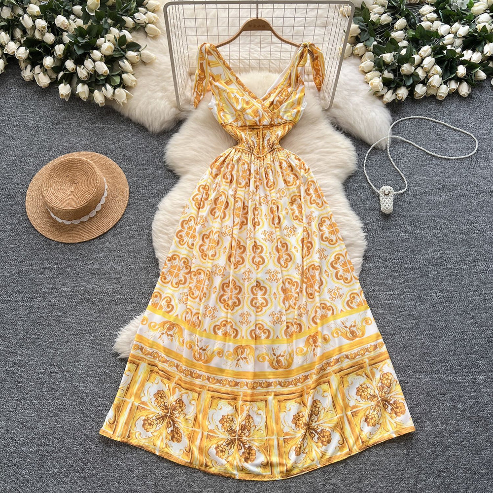 Palace style dress for women new arrivalniche styleretrofashionable styleprinting waist suspender long skirt
