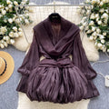 Atmosphere halter neck ribbon swing collar long sleeves waist tops women autumfashionfashion puffy flower bud skirt