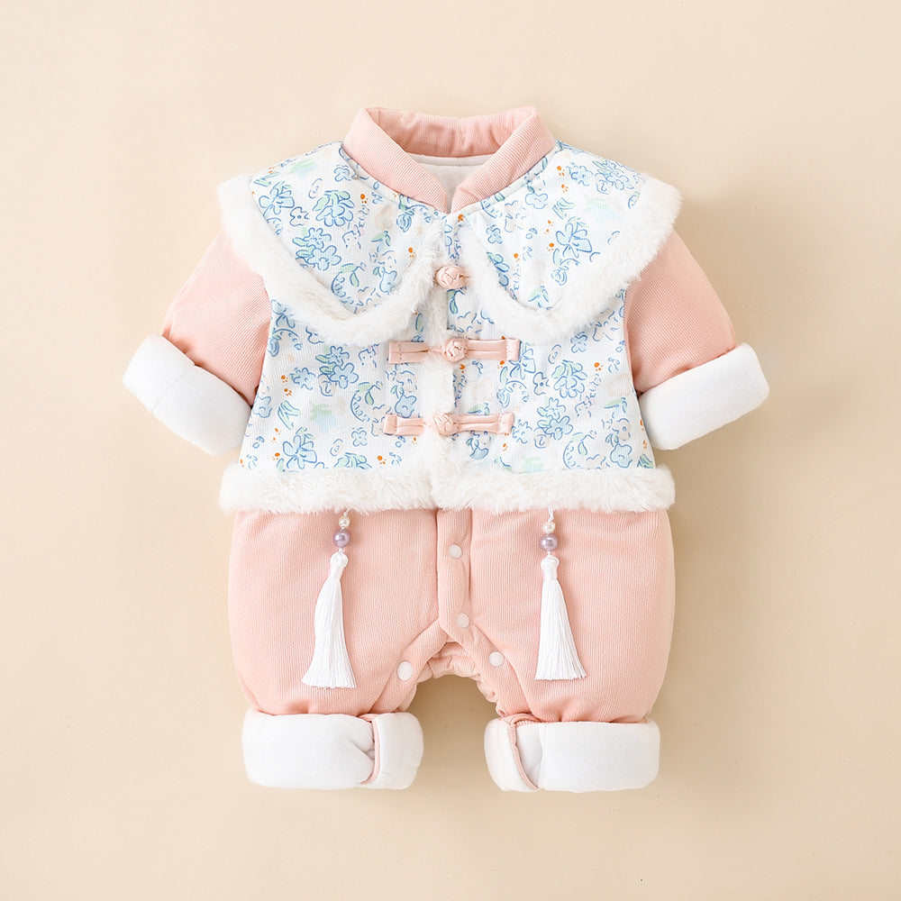 Baby autumn/winter chinese style romper, newborn girl cute princess full month hanfu, fleece-lined quilted outfit