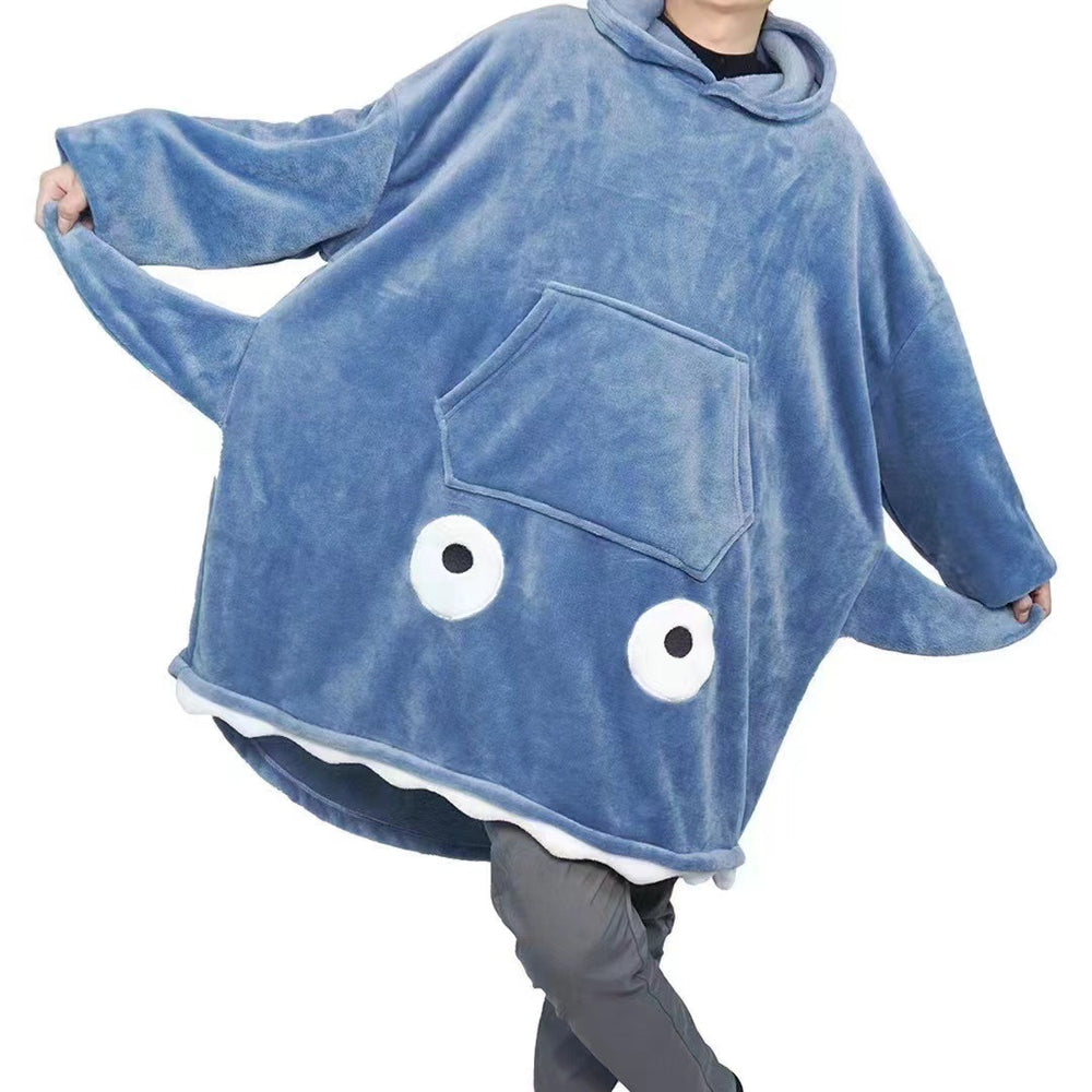 D77 winter flannel robe - big eye embroidered shark cartoon casual hooded sweatshirt cute blanket pajamas