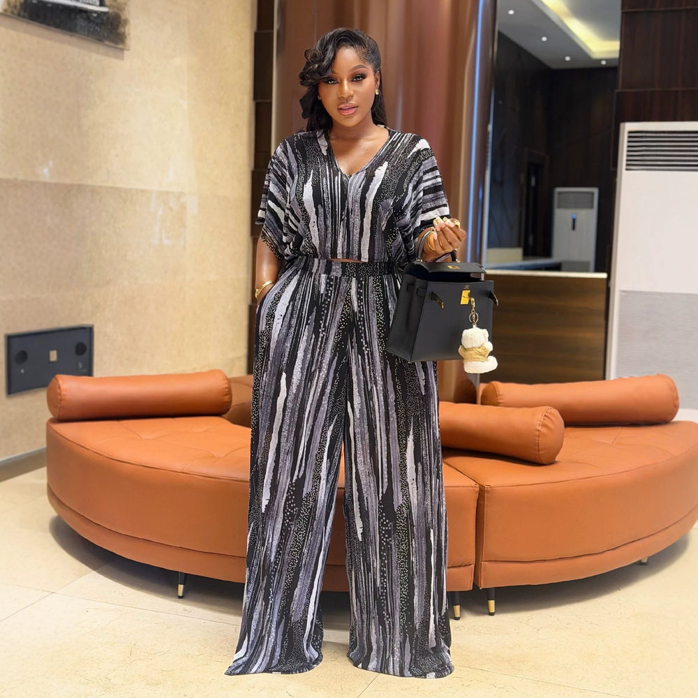 European and american cross-border african women's clothing  summer new fashionable elegant printed v-neck shirt and wide-leg pants set
