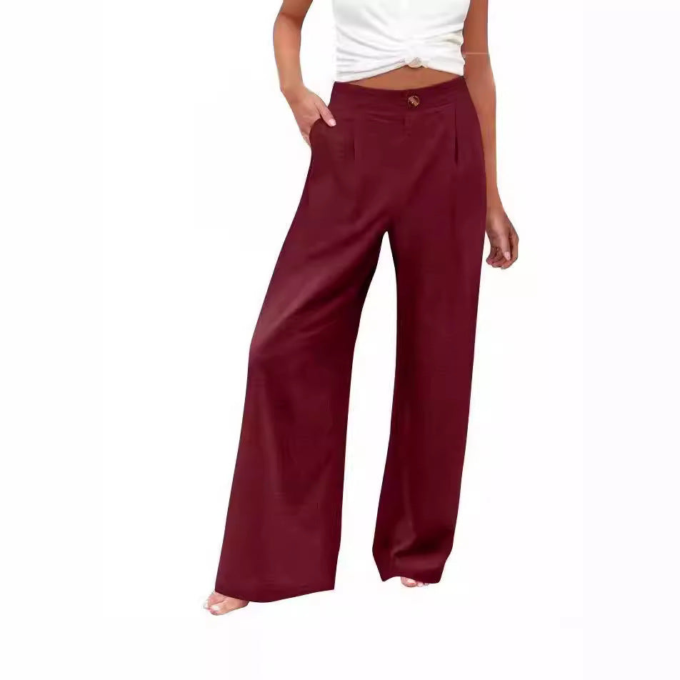 cross-border  fashion summer plaidhigh waistpants button elastic waist loose pants women's casual straight-leg pants