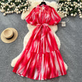 Palace style niche styleclassy puff sleeve shirt dress female french strap waist printing large swing long skirt